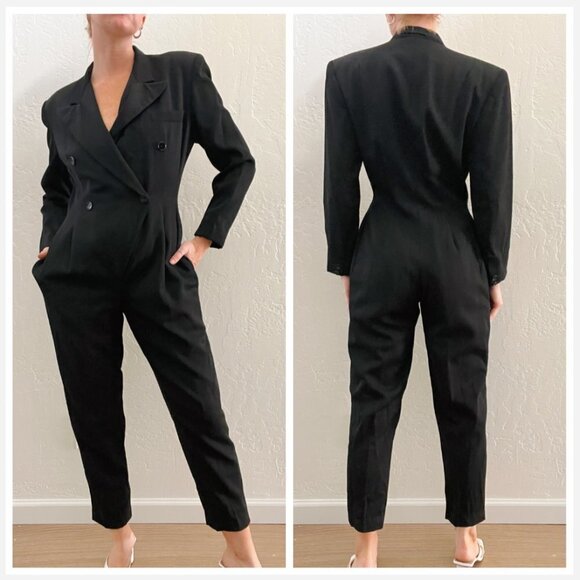 Norma Kamali Pants - Vintage Norma Kamali Black 100% Wool Blazer Suit Long Sleeve Jumpsuit